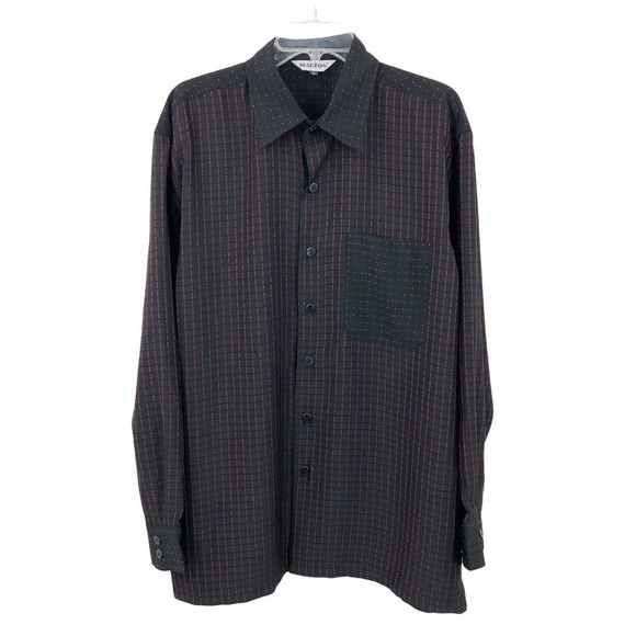 Maltos Men's Button Front Shirt Size L Swiss Dot Jacquard Check Black & Red S134 - Picture 2 of 11